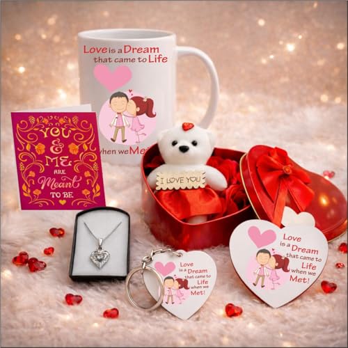 Image of PICRAZEE Romantic Gift Combo (Mug, Heart Pendant, Teddy with Rose, G-Card, Magnet, K-Ring) Love Gift for Girlfriend, Boyfriend, Husband, Wife