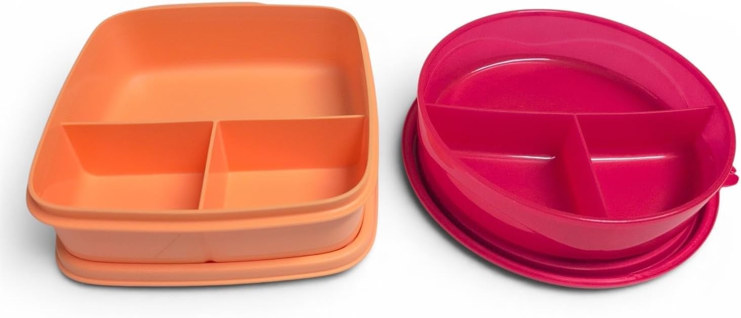 Tupperware Clevere Pause Brotdose 550 ml Orange geteilt + Signoraware Brotdose 550 ml Rot rund geteilt, Lunchbox Set BPA-frei für Kindergarten, Schule, Büro & unterwegs