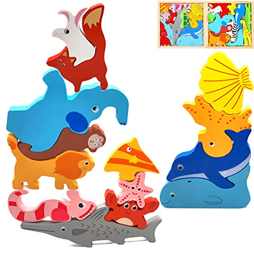 EACHHAHA 24 Piezas de Madera apilable Animales Bloque de Juguete para niños, Juegos de Equilibrio de Madera 3D, Juguetes de Actividades de Aprendizaje para niños pequeños Cover
