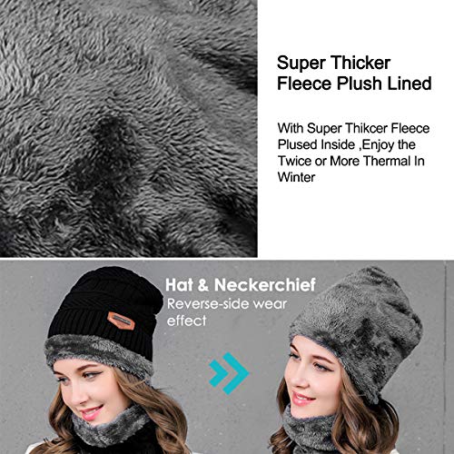 Conjunto de gorro de inverno feminino masculino com laço de círculo, conjunto de cachecol de lã reve
