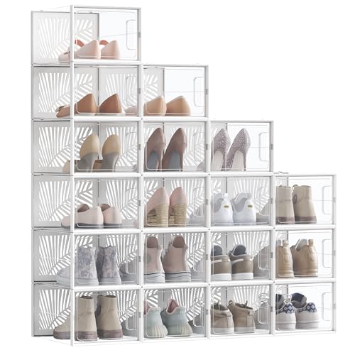 SONGMICS Cajas para Zapatos Transparentes, 18 Cajas de Zapatos, Robusta, Organizadores Plegables, Talla 46, Apilables, para Exponer Zapatillas, Tacones Altos, Transparente y Blanco LSP108W01