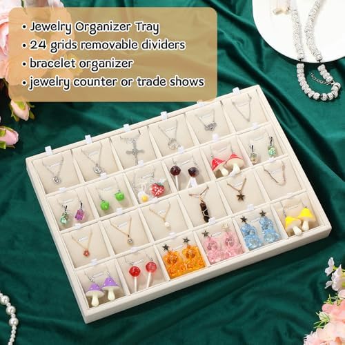 Hinly 4 Pcs 24 Grid Stackable Jewelry Organizer Tray with Removable Dividers Ice Velvet Jewelry Display Showcase Tray for Necklace Earring Ring Bracelet Holder (Beige Velvet) - 5