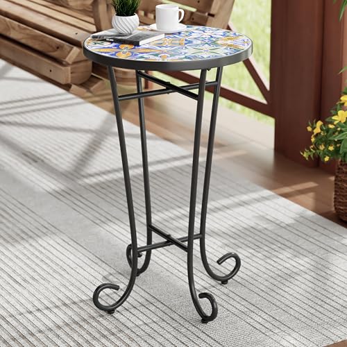 Christopher Knight Home Glady Outdoor Round Side Table, Patio Bistro Table with Ceramic Top and Metal Frame, Small Decorative Accent Table for Patio Garden Porch Balcony, Geometric by Christopher Knight Home - Used condition - US$35.02