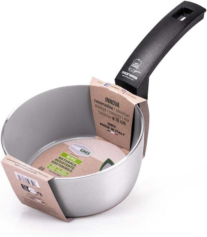 Moneta Innova Saucepan 1 m 16 cm, Natural FineGres Coating (NO PFAS), Also Suitable for Induction, 100% Made in Italy