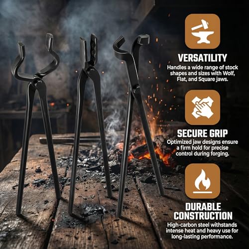 3 Pcs Blacksmith Tongs Set, Professional Heavy Duty Flat & Wolf Jaw & Bolt Tongs, Heat Treated Forging Tongs for Knife Making, Bladesmithing, Metalworking and Farrier Supplies (3-PCS)
