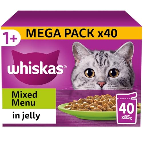 120 x 85g Whiskas 1+ Mixed Menu Mixed Adult Wet Cat Food Pouches in Jelly