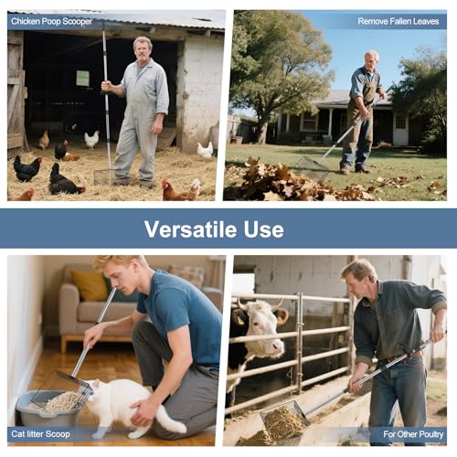 Image of 15inch Large Chicken Poop Scooper with Ergonomic Grip, 5 in 1 Adjustable Chicken Coop Pooper Shovel (24 to 76.5 inch), Stainless Steel Litter Sifting Shovel Scoop for Chicken Coop /Goat Stall /Stable