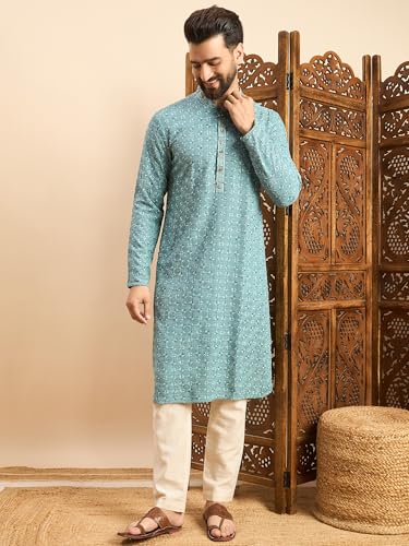 Image of Amazon Brand - Tavasya Men Rayon Geometric Embroidered Mandarin Collar Straight Kurta