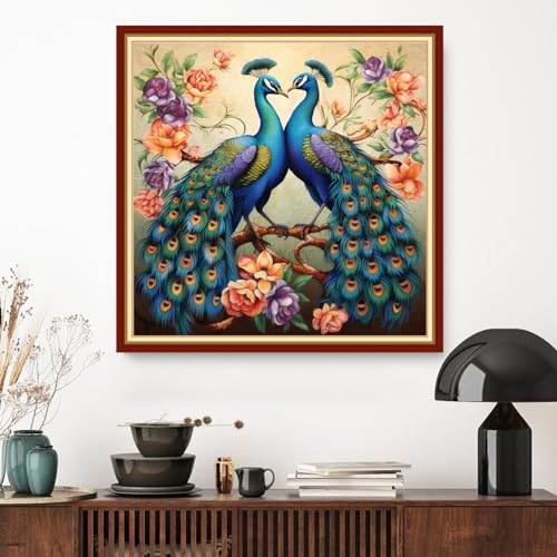 Image of Dimxvean Stamped Cross Stitch Kits,Cross Stitch Kits for Adults Beginners,Embroidery Kits Full Range of Cross Stitch Stamped Kits Needlepoint Kits Cross Stitch Patterns- Peacock Flower 18x18 inch
