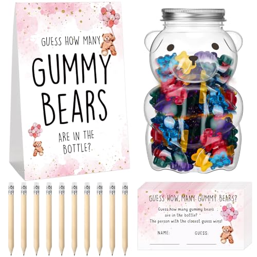 Outus Baby Shower Games Guess How Many Bears Sign 100 Guessing Game Cards 10 HB Pencils 1 Cute Bear Bottle for Guests Gender Reveal Party Favor (Pink)