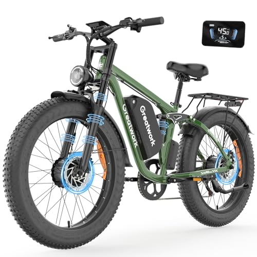 GREATWORK Dual Motor Electric Bike for Adults, 52V 5000W Peak Motor, 45MPH, 1300Wh Battery, Up to 100 Miles Range, 26" x 4.0 Fat Tire Ebike with 7-Speed, Suspension, Turn Signals and Dual Disc Brakes