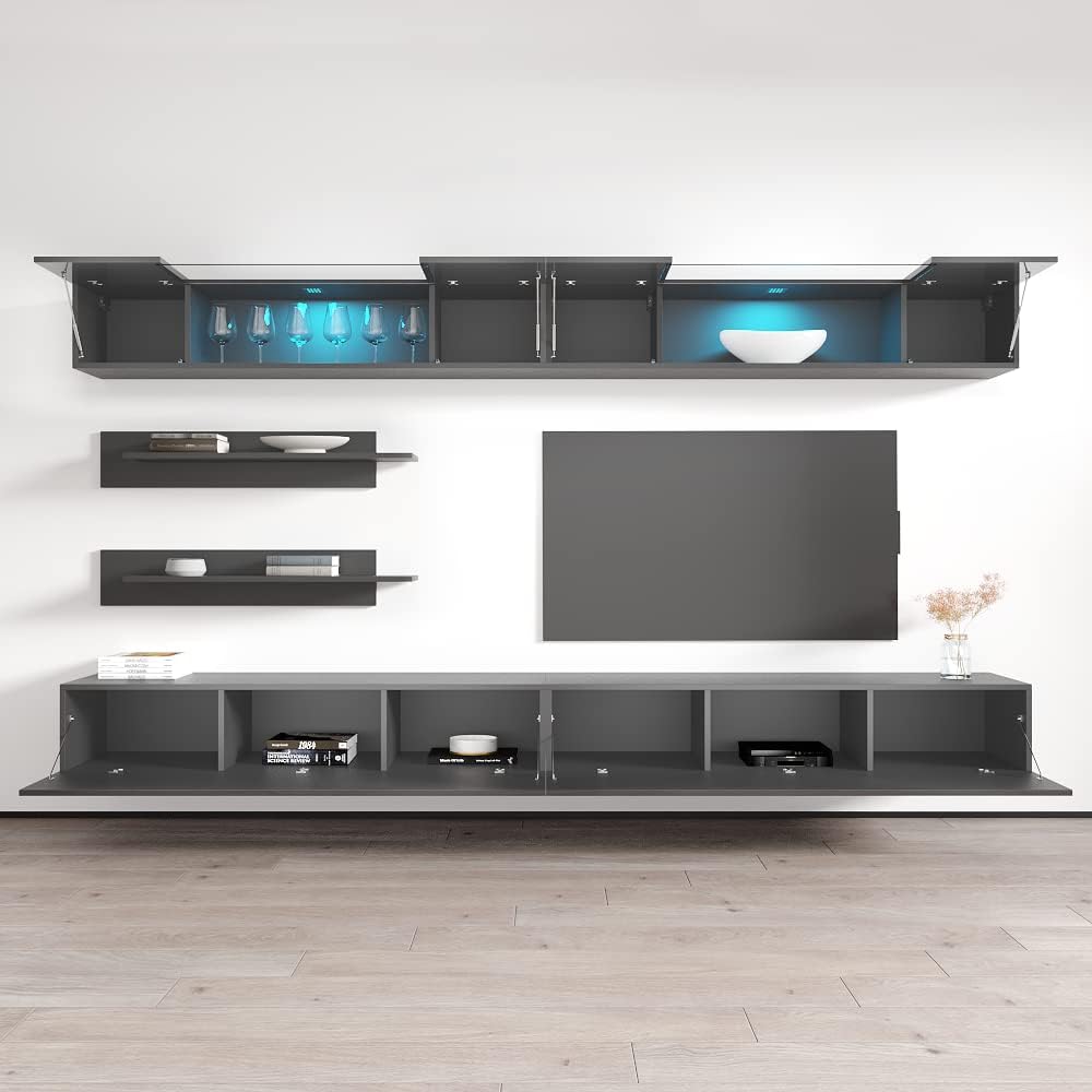 Meble Furniture Fly I3 30TV Stand Wall-Mounted Entertainment Center — Floating Modern TV Console with Storage Shelves and LED Lights, 59.1 x 15.7 x 19.7 in — Grey
