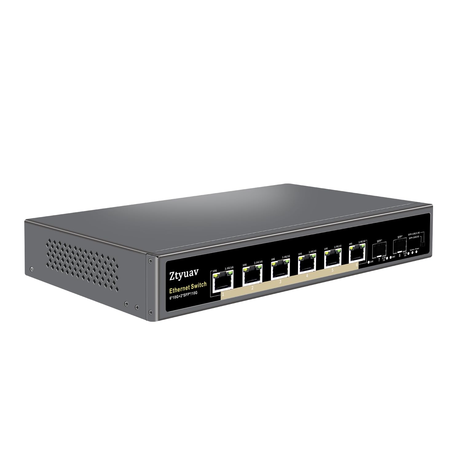 Ztyuav 8 Port Unmanaged 10G Ethernet Switch with 6 x 10G RJ-45 Ports, 2 x 10G SFP Ports, Ports Speed Auto-Negotiation-1000/2500/10000Mbps, One-Key VLAN, Fanless Metal Design, Plug & Play