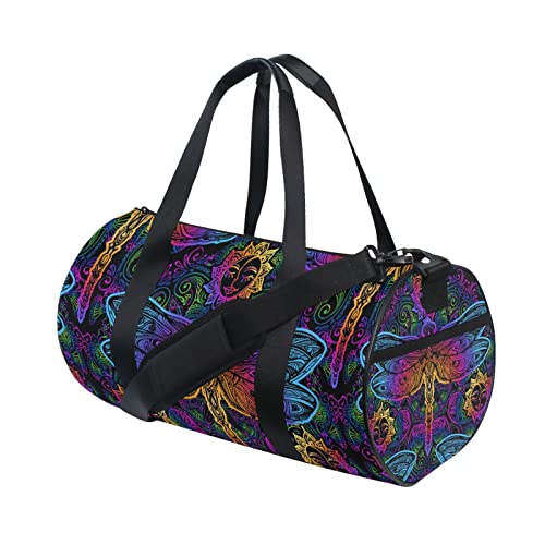 Indian Mandala Dragonfly Sun Flower Blue Pink Gradient on Black Duffel Bag, Foldable Canvas Travel Tote for Gym Sports with Inner Pockets, Durable Lightweight Fitness Bag for Overnight Workout