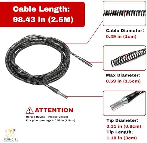 Drain Snake Auger Cable β Flexible Spring Steel Drain Cleaning Snake with Drill Attachment, Navigates S-Bends, Rust-Resistant, for Kitchen Sink, Bathroom, Toilet & Floor Drain - 2.5 m (8.2 ft) - 1