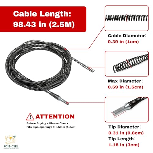 Drain Snake Auger Cable – Flexible Spring Steel Drain Cleaning Snake with Drill Attachment, Navigates S-Bends, Rust-Resistant, for Kitchen Sink, Bathroom, Toilet & Floor Drain - 2.5 m (8.2 ft)