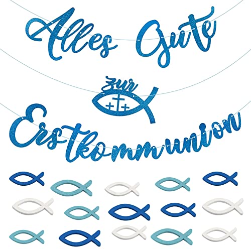 Juego de pancartas decorativas para primera comunión, guirnalda de peces azul brillante, decoración para bautizo, bautizo, niña, niño, decoración para comunión, fiesta para niñas y niños Cover