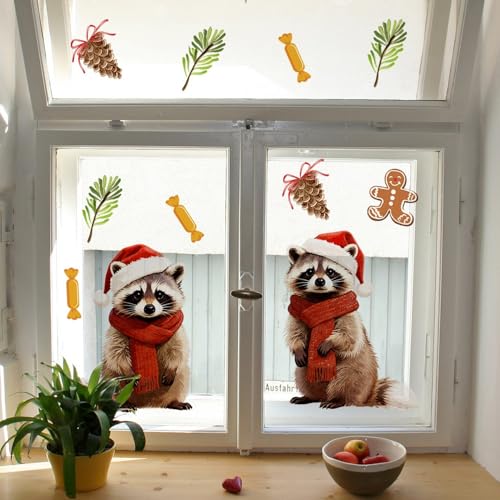 2 Sheets Christmas Window Sticker Decor Xmas Cartoon Cute Raccoon Designs Winter Christmas Window Clings Glass Decals for Bedroom Home Showcase Xmas Holiday Party Supplies by BHOOKA - Image 4