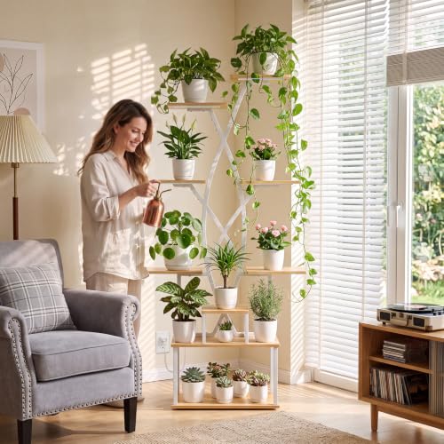 Image of 9 Tier 66 inch Tall Plant Stand with Grow Lights for Indoor Plants(White)