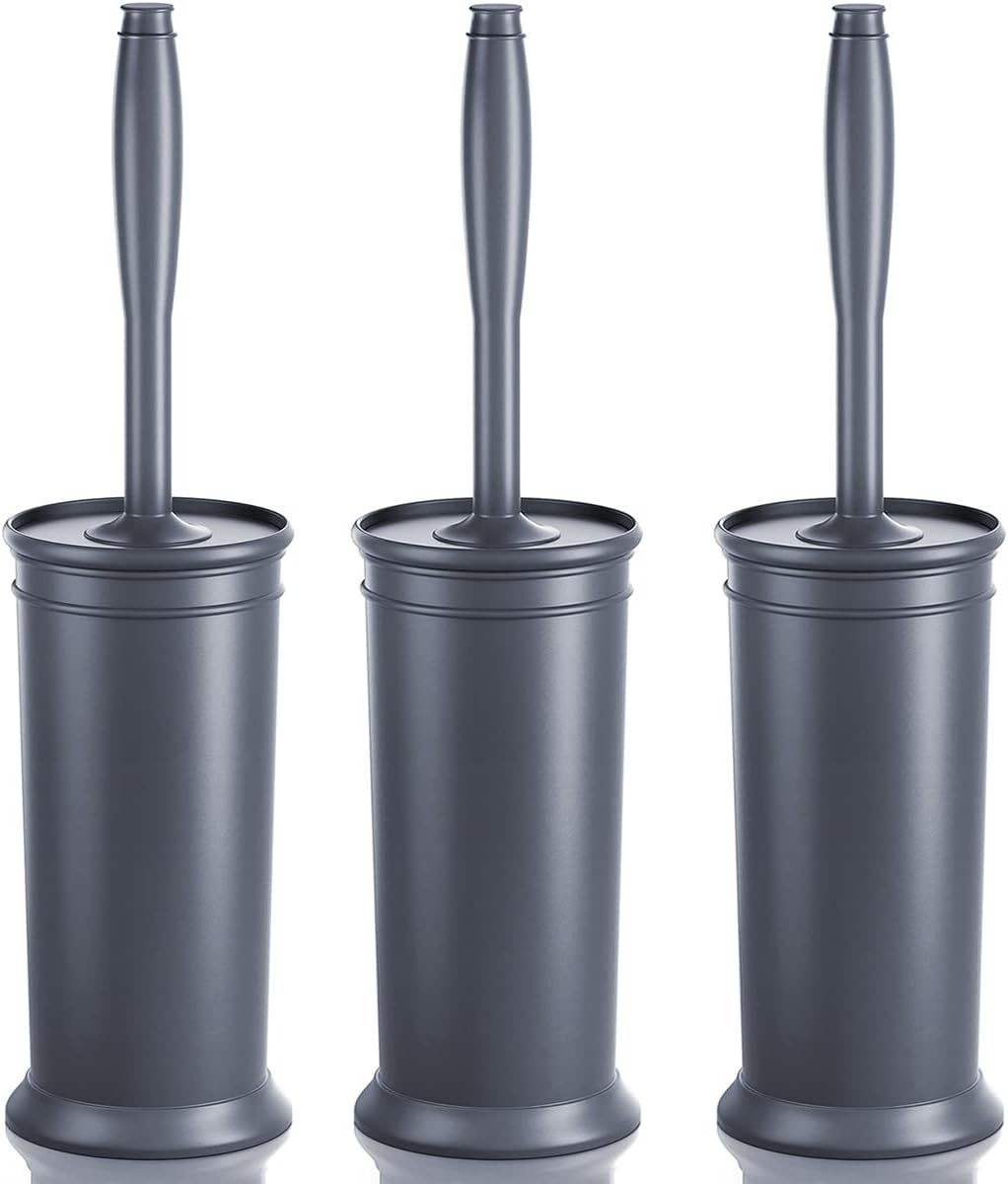 UPTRONIC Toilet Brush and Holder Grey 3 Pack, Toilet Bowl Brush with Extra Long Handle, Toilet Scrubber & Covered Holder, Toilet Brushes for Bathroom-Space Saving, Covered Brush, Durable, Deep Cleanin