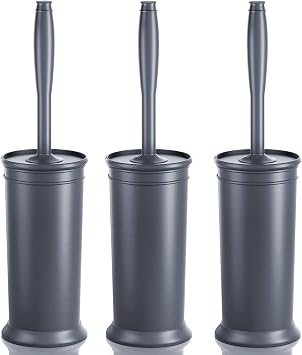 Toilet Brush and Holder Grey 3 Pack, Toilet Bowl Brush with Extra Long Handle, Toilet Scrubber & Covered Holder, Toilet Brushes for Bathroom-Space Saving, Covered Brush, Durable, Deep Cleanin