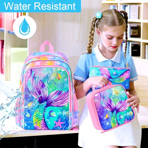 Image of 16 inch Mermaid Backpack for Girls, 3Pcs Kids Fish Tail Backpacks with Lunch Box, School Bookbag for Elementary Preschool Kindergarten(Pink)