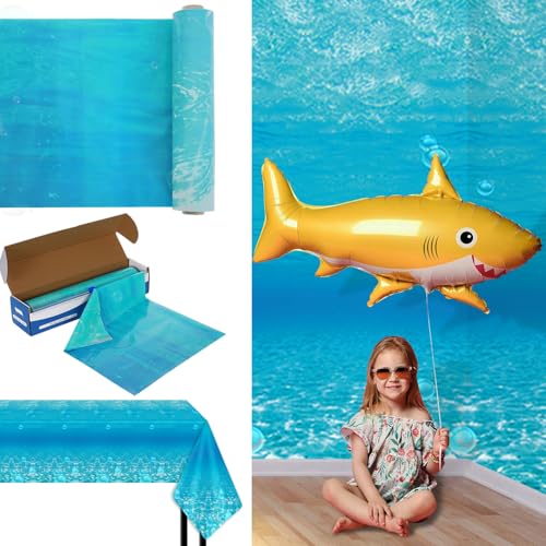 Image of 1 Roll 1200 X 54 Inch Under The Ocean Tablecloth Slide Cutter Box Disposable Backdrop Mermaid Table Cover Sea Waves Bulletin Board Plastic for Water Beach Theme Birthday Party babyshower Decor