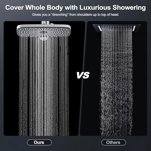 Regadera de lluvia cromada con mano libre: regadera superior rectangular de alta presión 12x7.5 pulgadas y regadera manual de 5 pulgadas, boquillas de silicona antiobstrucción, barra ajustable de altura miniatura 5