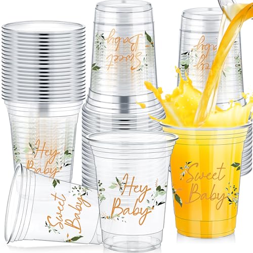 Fuyoooo 48 Pcs Eucalyptus Baby Shower Cups 16 Oz Plastic Cups Thick Clear Cup Sage Green Baby Shower Party Supplies for Birthday Party Favors Gender Reveal Decorations