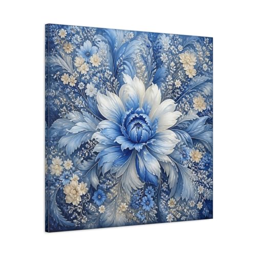 Tableau fleur bleue et blanche toile canvas carrée 75x75 cm pour salon