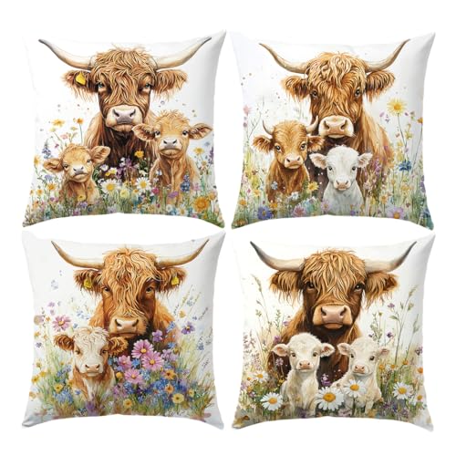 SEVENWELL Highland Cow Cushion Cover 40x40cm Set of 4 Scottish Cow Pillow Cover for Women Pillow Cover Animal Outdoor Flower Throw Pillow Case Decor Home Livingroom Couch Sofa