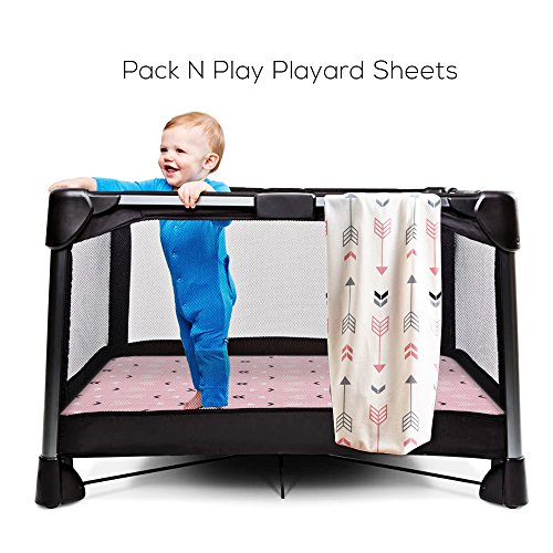 Image of Stretchy Fitted Pack n Play Playard Sheet Set BROLEX 2 Pack Portable Mini Crib Sheets,Convertible Playard Mattress Cover,Ultra Soft Material,Pink White Arrow