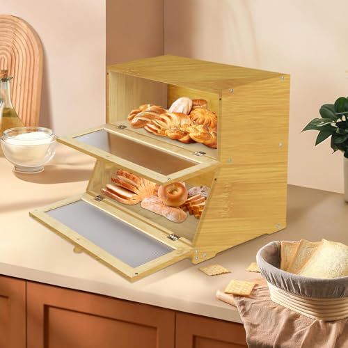 HUOLE - Caja de almacenamiento de pan ecológica, caja de pan para cocina, pan, tostadas, almacenamiento de pan, bambú natural, 40 x 33 x 25 cm, color original