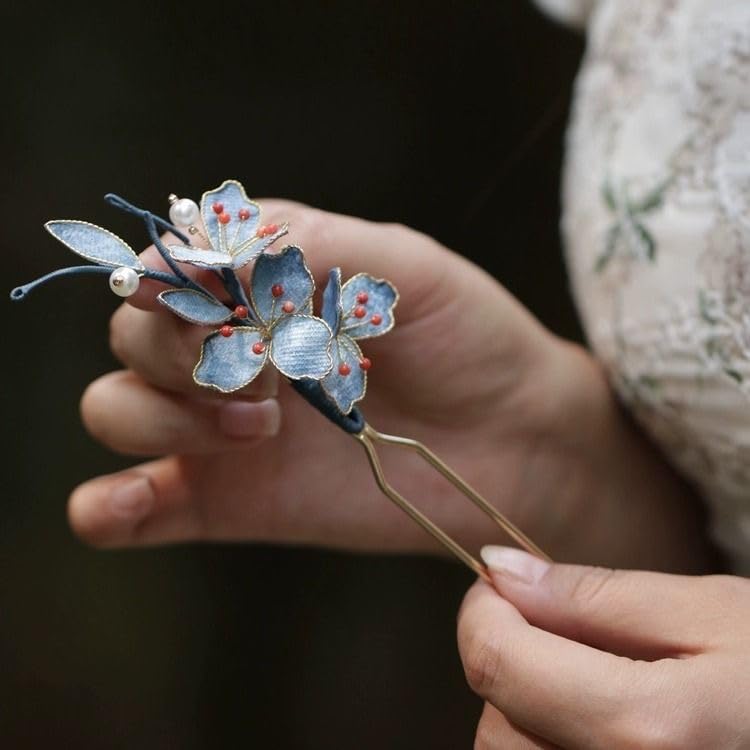 Amazon.com : Cayyoomm blue enamel flower Hanfu hairpin  display picture 2