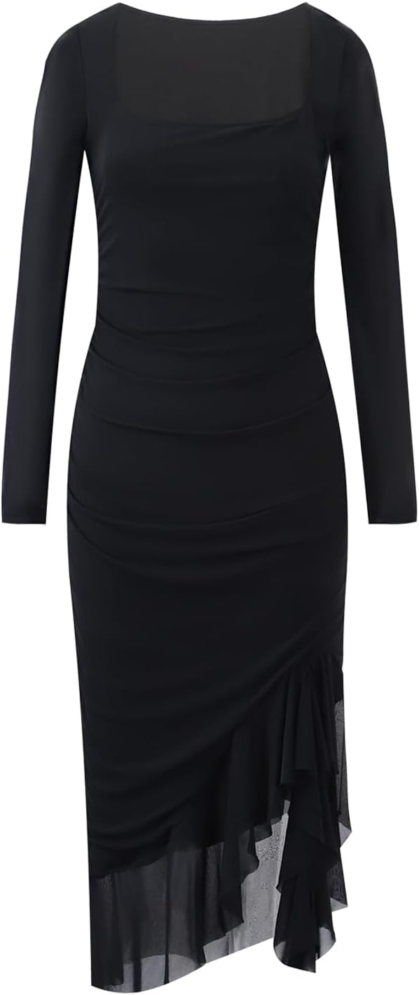DERAX Womens Sexy Long Sleeve Bodycon Midi Dress Square Neck Ruffle Hem Ruched 2026 Spring Dresses - Image 5