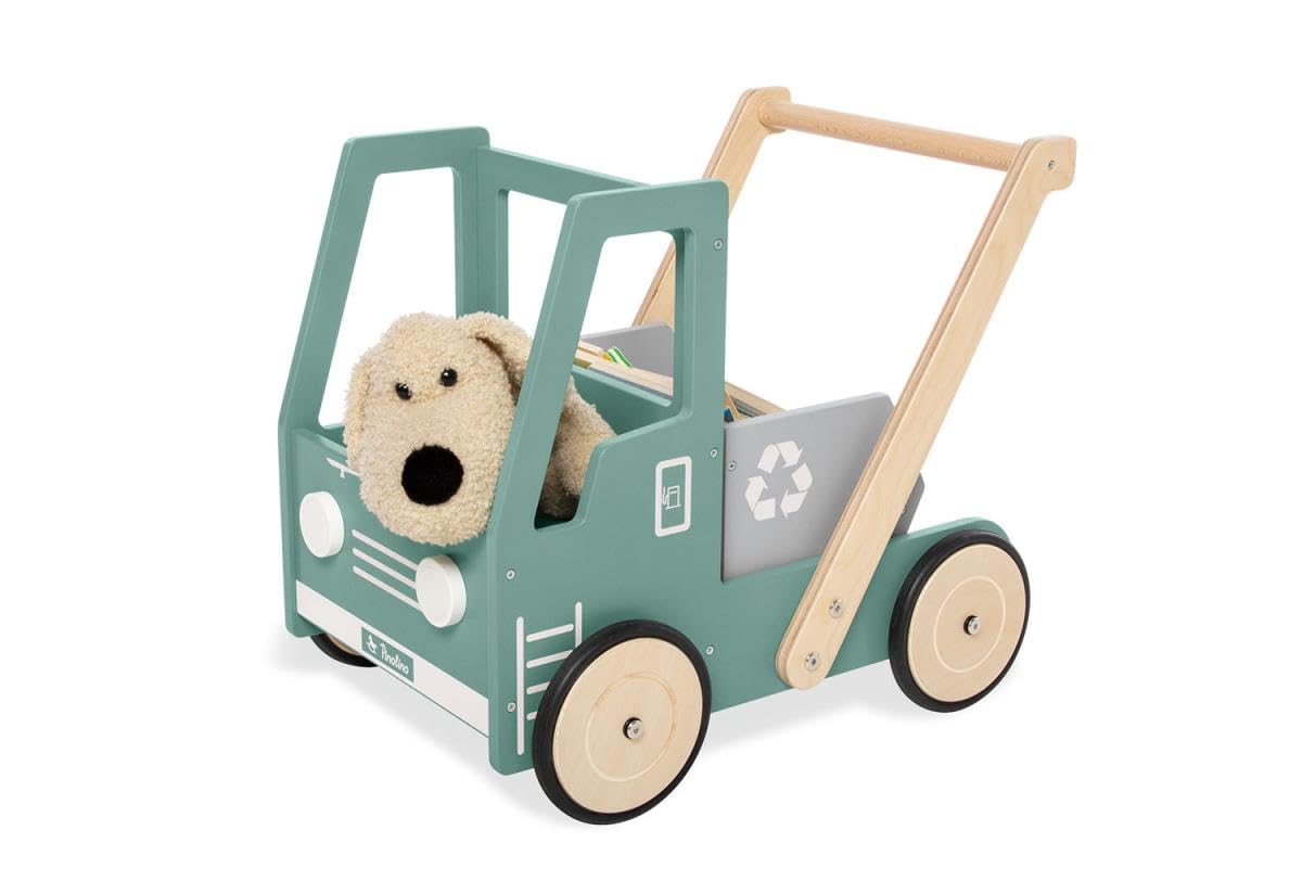 PINOLINO Lauflernwagen Kipplaster Fred, aus Holz, mit Bremssystem, gummierten Holzrädern und kippbarer Mulde, grün und bunt lackiert