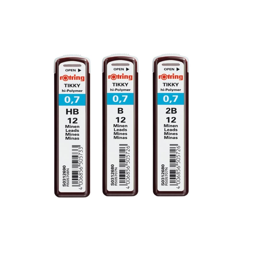 Set of rOtring Tikky hi-Polymer Lead Refills, 0.7 mm, B (12 Leads), HB (12 Leads), 2B (12 Leads)