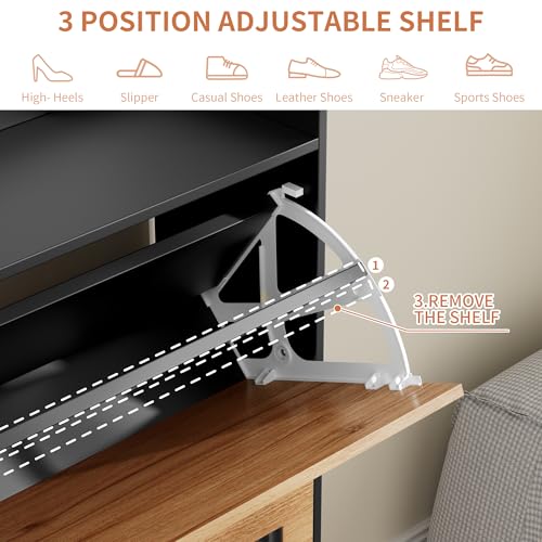 Image of Shoe Storage Cabinet with 2 Flip Drawers, Shoe Organizer Storage with Adjustable Shelves, Freestanding Hidden Slim Narrow Shoe Rack Cabinet for Entryway, Foyer, Hallway, Living Room