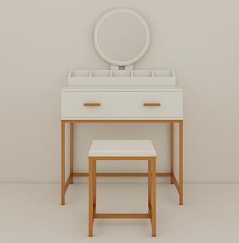 Vanity Set with Mirror and Stool - Makeup Vanity Table with Storage Drawers and Organizer, White and Gold, Space-Saving Design for Small Bedrooms