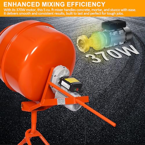 SPOWAY 5.0 Cu. Ft Electric Cement Mixer, 370W 1/2 HP Portable Concrete Mixer with Wheels and Stand, Heavy Concrete Mud Mixer Tools, Adjustable Tilt for Mortar Stucco Seeds and Fodder, Orange