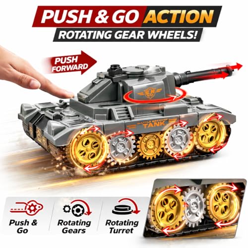 Image of TEC TAVAKKAL Battle Breakers Toy Military Tank for Kids with Mini Tank Launcher, 360 Rotating Turret & Adjustable Cannon | Action Battle Toy Vehicle with Moving Wheels for Kids (Gray)