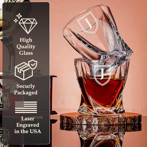 Custom Monogram Name Year Whiskey Gift Set of 2 Glasses, Tongs, & Stainless Steel Whiskey Stones – Personalized Premium Wood Box for Men Gift for Husband, Dad, or Him - Image 3