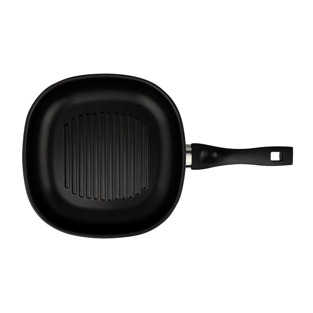 KLAMER Grillpfanne 28 cm Induktion Schmorpfanne Steakpfanne aus Edelstahl | Greblon C3+ Beschichtung mit hoher Antihaftwirkung, Aluminiumkern für optimale Wärmeverteilung und Schüttrand, PFOA-frei