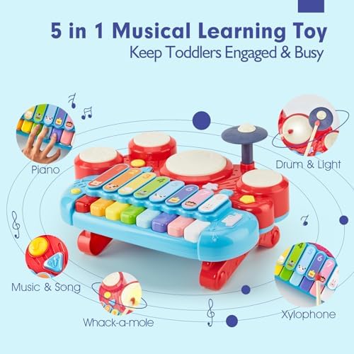 hahaland 5 in 1 Kids Piano Drum Set, Musical Toddler Toys for 1 2 3 Year Old Boys Girls, Electronic Keyboard Xylophone Set Baby Toys 12-18 Months Development for 18 Months+ 2 511WX0fzreL. AC