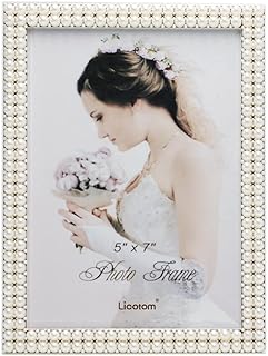 Licotom Metal Picture Frame Silver Plated with Pearls 5x7 Inch, Special Occasion Anniversary Wedding Gift Photo Frame