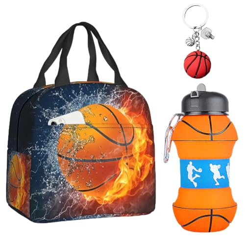 KDFSSIPE Baloncesto bolsa de almuerzo, Basket Botella de Silicone sin BPA & Llavero, Antifugas, Lunch bag para hombres y mujeres, Ideal para Deporte y Viaje, Regalo Ideal para Escuela y Aire Libre
