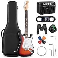 Sunburst electric guitar nickel-plated strings 0.010–0.046 laurel fingerboard 22 frets matte finish maple neck chrome tuners plastic nut S-S-H pickup system ST-style guitar complete guitar bundle tremolo bar guitar accessories beginner Maple Neck & P...