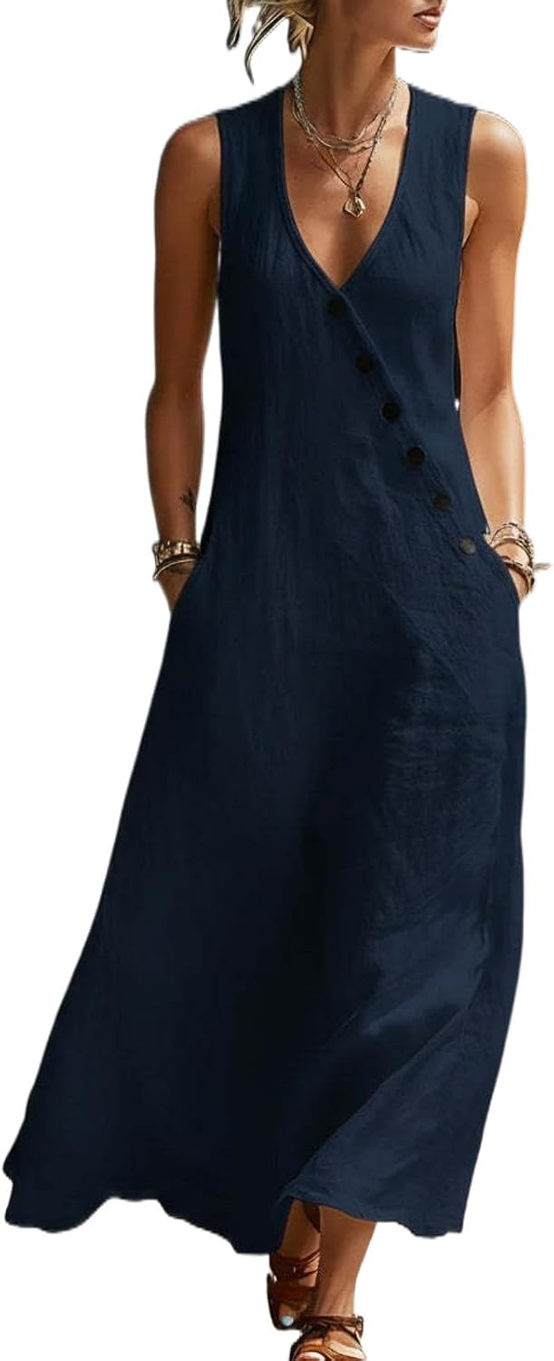Aoleaky Women's V Neck Linen Maxi Dress, Sleeveless Tank Dress for Spring/Summer