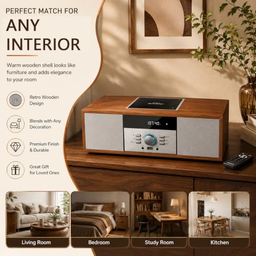 Nostalgic Bluetooth Stereo System for Home, WISCENT Vintage Micro HiFi Systems CD Player,with Bluetooth Audio Streaming,FM Radio,USB Port,Aux-in,Earphone Port (Brown) by WISCENT - Image 7