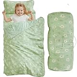 Floral Toddler Nap Mat with Zipper,Detachable Minky Blanket and Removable Pillow,Soft Slumber Bags for Girls,Kids Sleeping Bag for Daycare Preschool Kindergarten,Flower Toddler Sleeping Mat - Green